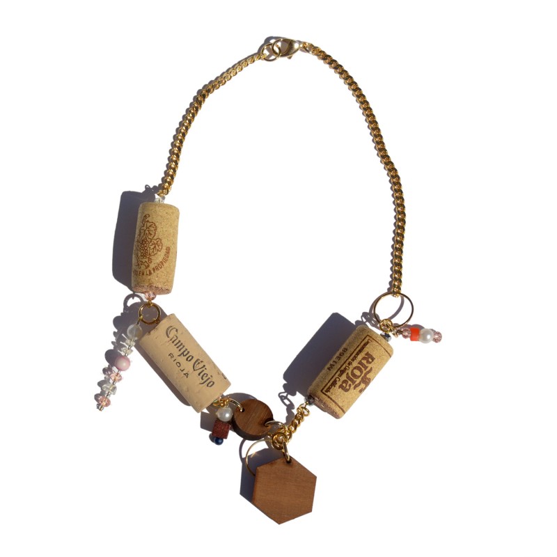 Necklace made with recycled corks and wood
