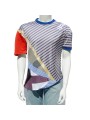 T-shirt made entirely in patchwork of different fabrics of end-of-stock fabrics, upcycled or recycled fabrics, and embroideries.