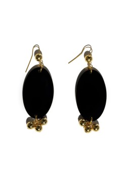 Earrings with black plexiglass oval and gold-plated brass rings and balls.