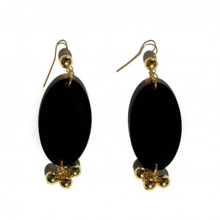 Earrings with black plexiglass oval and gold-plated brass rings and balls.