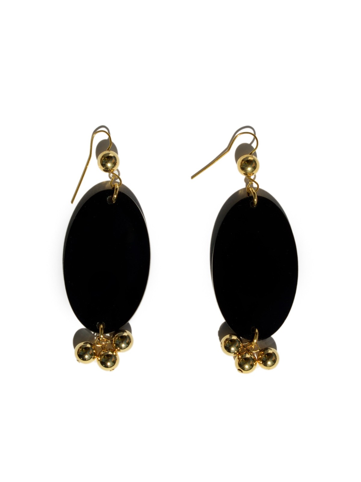 Earrings with black plexiglass oval and gold-plated brass rings and balls.