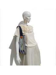 T-shirt with ruffles around the neck and patchwork bag