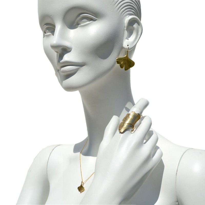 Colgante, pendientes y anillo bronce hoja Ginkgo biloba pequeño