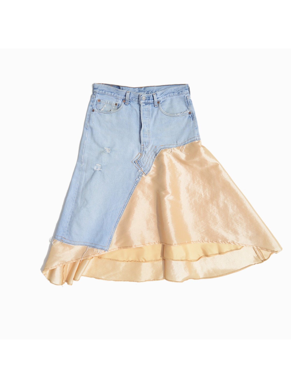 Upcycled denim skirt with a beige skirt