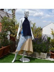 Upcycled denim skirt with a beige skirt and navy blue top