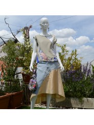 Upcycled denim skirt with a beige skirt and patchwork top and shijimi bag