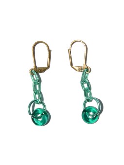 Copper gold earrings with green links and ring