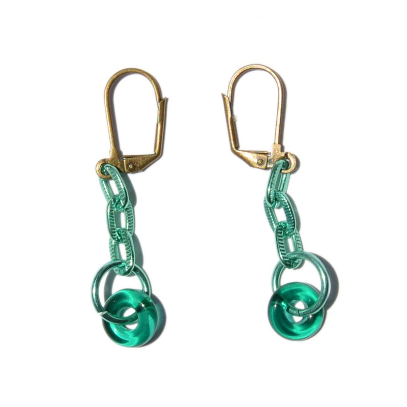 Copper gold earrings with green links and ring