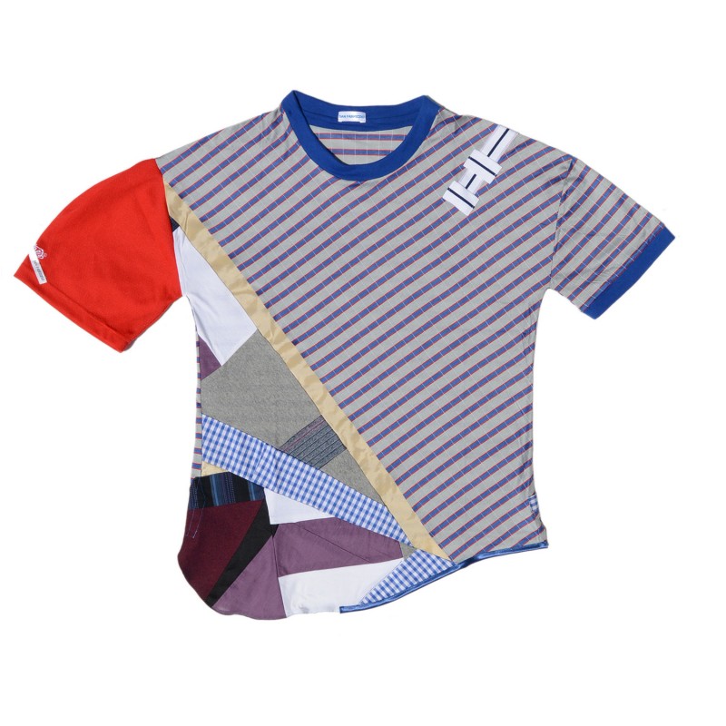 T-shirt made entirely in patchwork of different fabrics of end-of-stock fabrics, upcycled or recycled fabrics, and embroideries.