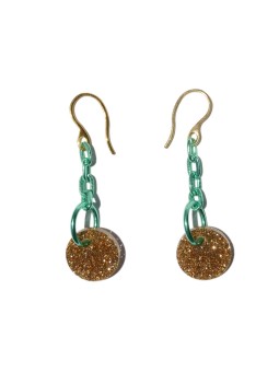 Earrings with green links and gold plexiglass medal hook closure