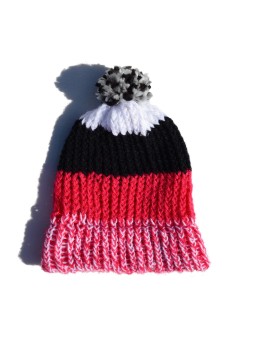 White, Neon Pink and Black Beanie Hat