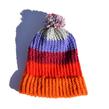 Handmade Grey, lilac, bordeaux, red and orange Beanie Hat