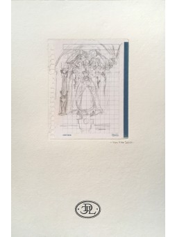 Dibujo Virgen en Altar, hecho en lápiz sobre papel cuadriculado, montado en papel Canson de 300 gramos.