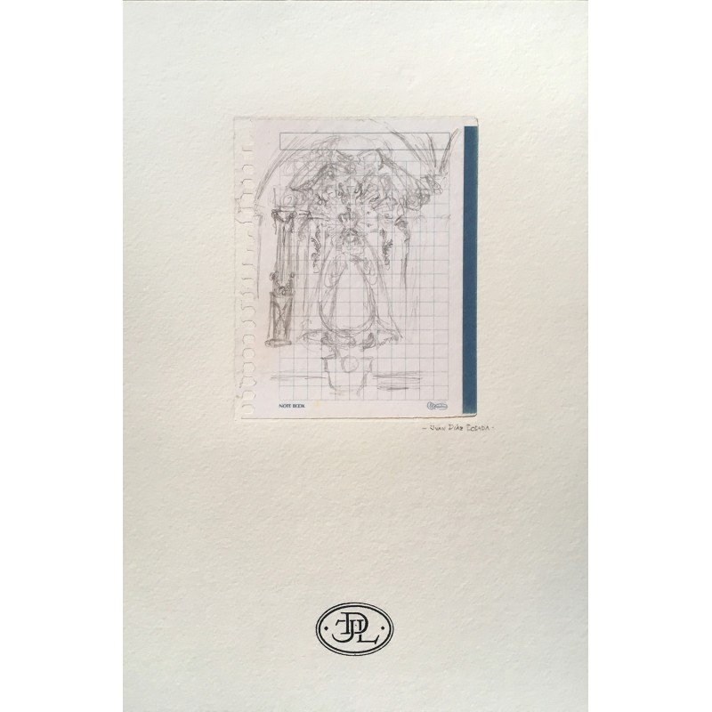 Dibujo Virgen en Altar, hecho en lápiz sobre papel cuadriculado, montado en papel Canson de 300 gramos.