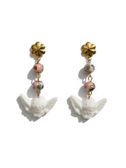 Earrings with flower beads and white cherubs