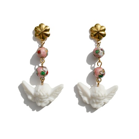 Earrings with flower beads and white cherubs