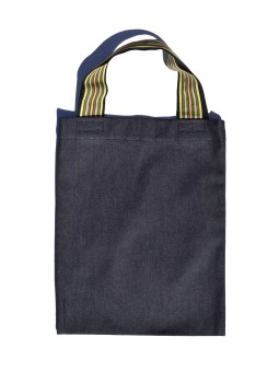 A Basic Denim bag with striped handles in black and acid colors