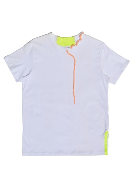 This white t-shirt combines minimalist simplicity with vibrant neon accents that make it truly one of a kind.