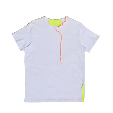 This white t-shirt combines minimalist simplicity with vibrant neon accents that make it truly one of a kind.
