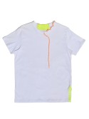 This white t-shirt combines minimalist simplicity with vibrant neon accents that make it truly one of a kind.