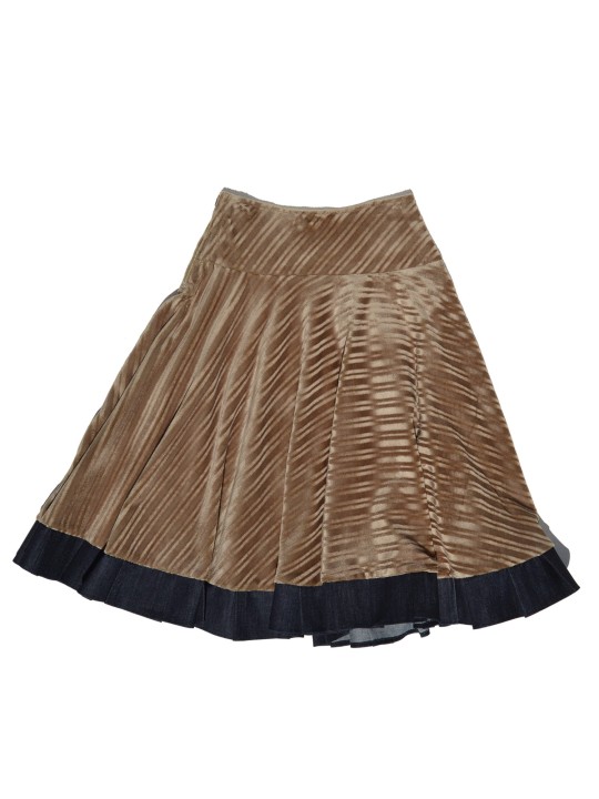 Beige cotton velvet skirt with a pleated denim hem, by San Fabrizzio.