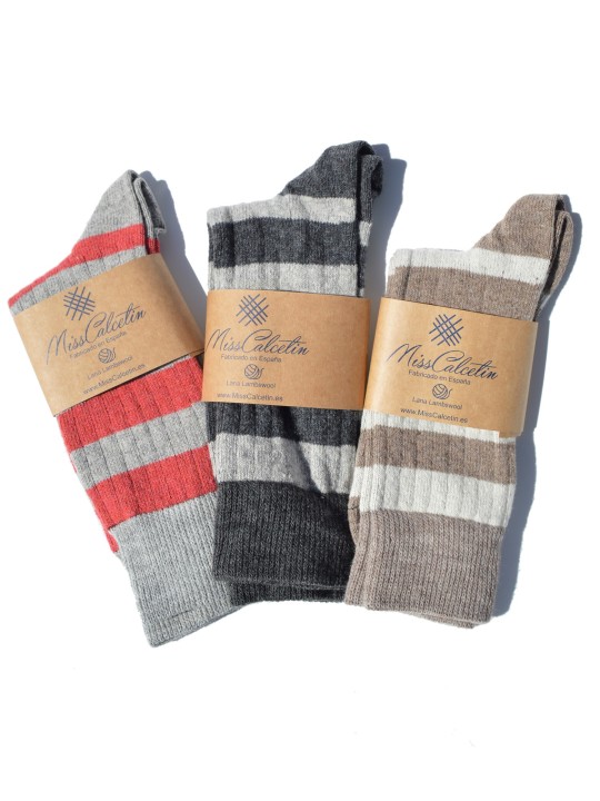 Miss Calcetín Coral-Light Gray Striped Low-Cut Wool Socks
