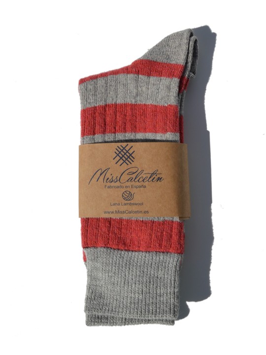Calcetines de Lana Caña Baja Rayas Coral-Gris Claro de Miss Calcetín